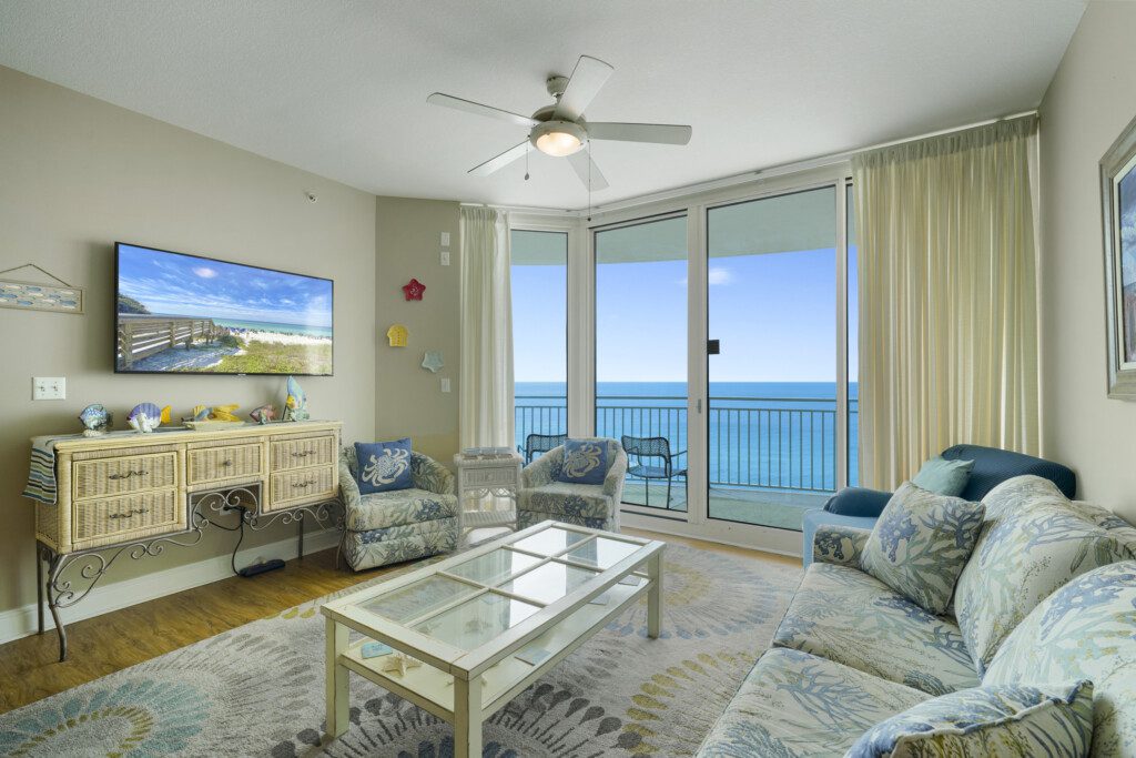 Aqua Resort unit #1209. An image of the living area with views of the Gulf of Mexico, located in Panama City Beach Fl.